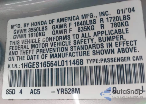 2004 Honda Civic Lx из США, поврежденный, VIN 1HGES16564L011468